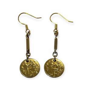 Vintage Egyptian Gold Tone Coin Earrings 1.75" Dangle Boho Goddess Drop